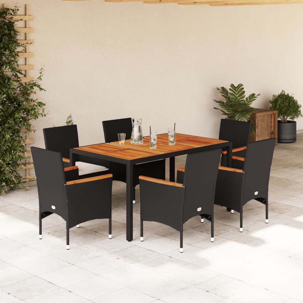 Set Pranzo da Giardino 7 pz Nero con Cuscini Polyrattan Acacia - homemem39