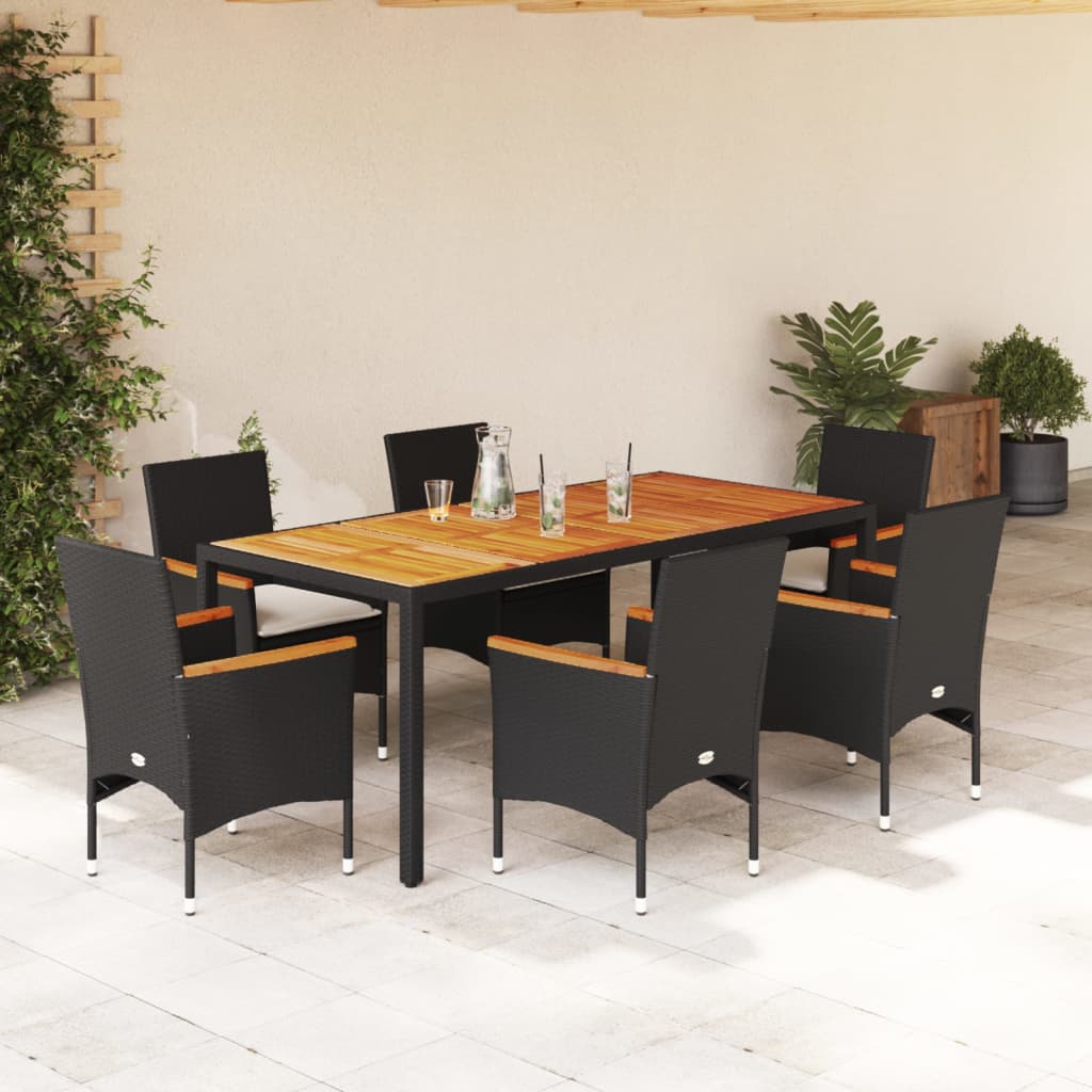 Set Pranzo da Giardino 7 pz Nero con Cuscini Polyrattan Acacia | homemem39