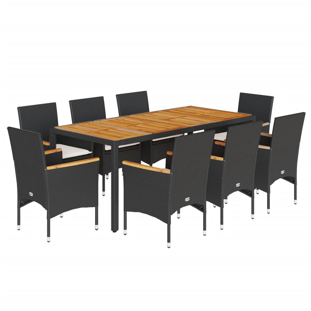 Set Pranzo da Giardino 9 pz con Cuscini Nero Polyrattan Acacia | homemem39