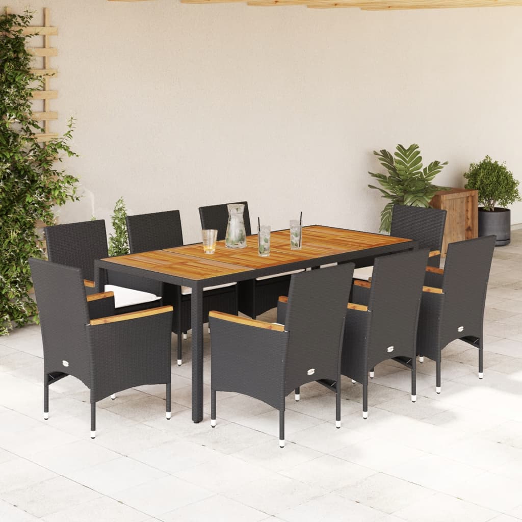 Set Pranzo da Giardino 9 pz con Cuscini Nero Polyrattan Acacia - homemem39