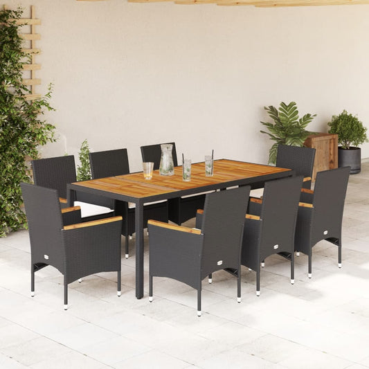 Set Pranzo da Giardino 9 pz con Cuscini Nero Polyrattan Acacia - homemem39