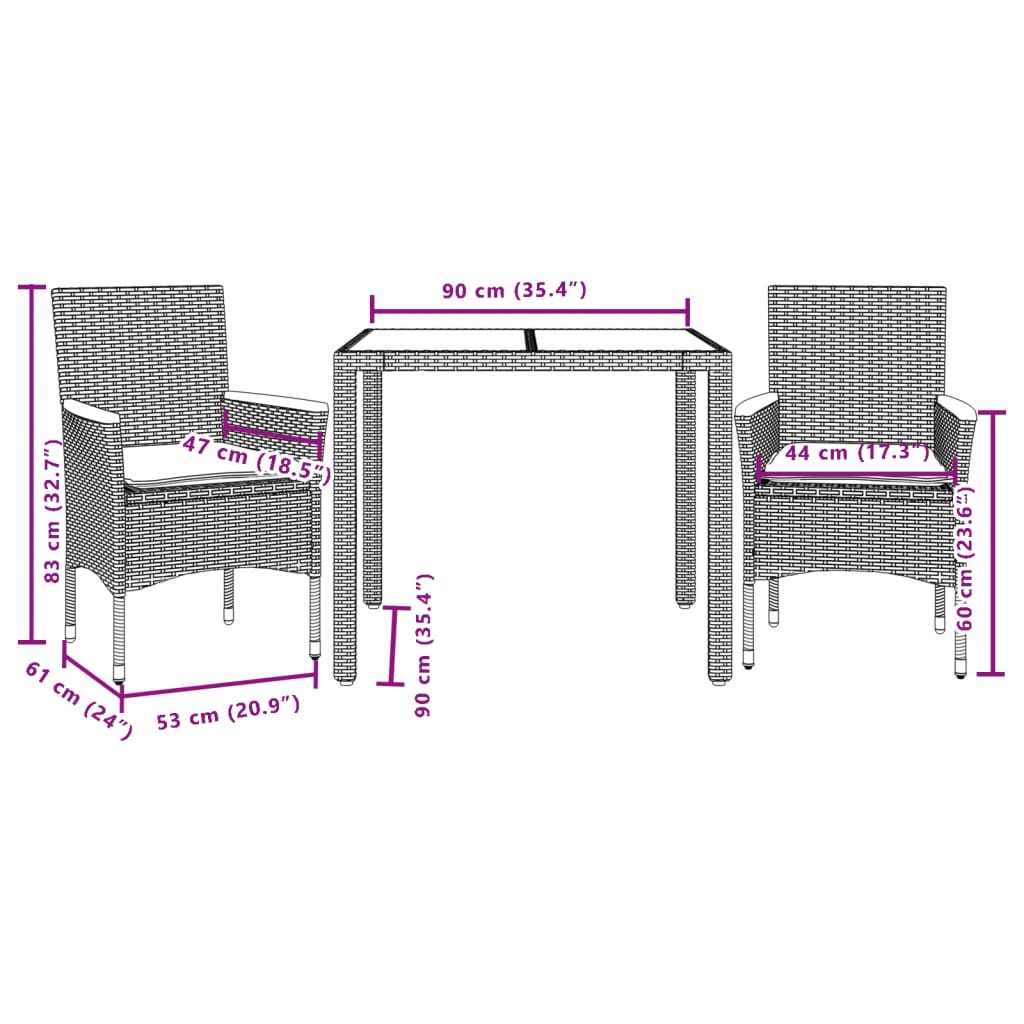 Set Pranzo da Giardino 3pz con Cuscini Polyrattan Acacia Grigio | homemem39