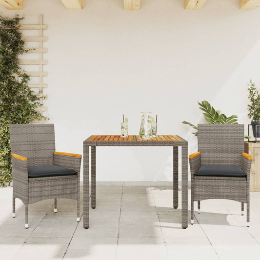 Set Pranzo da Giardino 3pz con Cuscini Polyrattan Acacia Grigio - homemem39