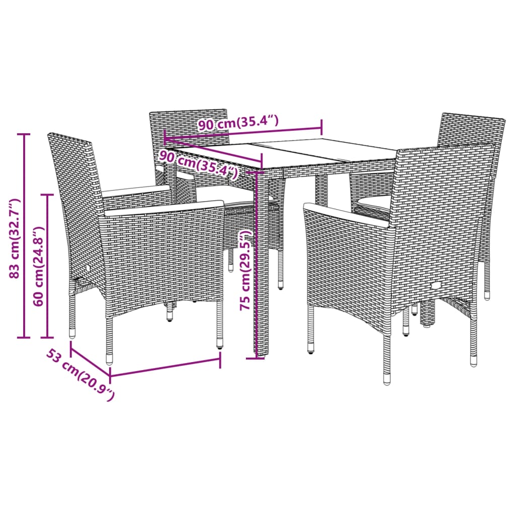 Set Pranzo Giardino 5 pz con Cuscini Grigio Polyrattan Acacia | homemem39