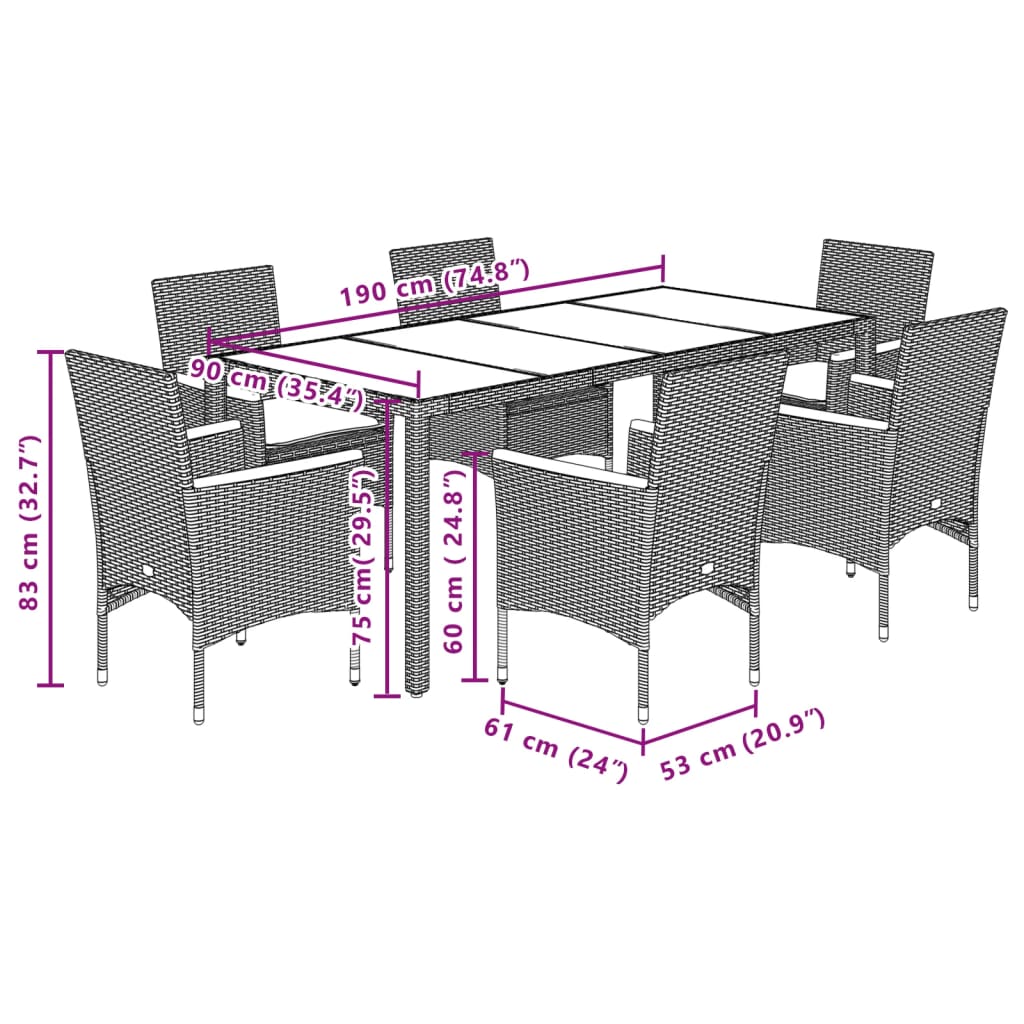 Set Pranzo da Giardino 7pz con Cuscini Polyrattan Acacia Grigio | homemem39
