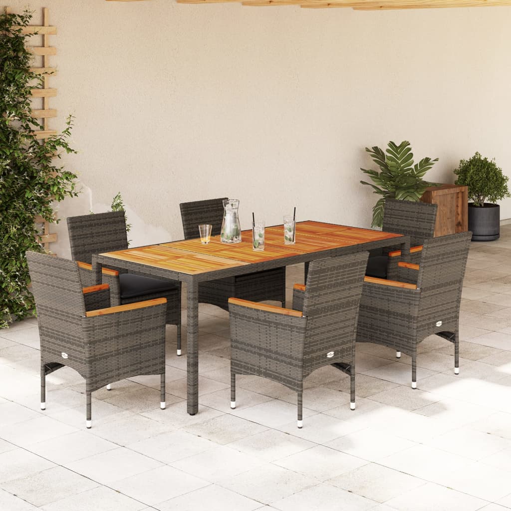 Set Pranzo da Giardino 7pz con Cuscini Polyrattan Acacia Grigio - homemem39