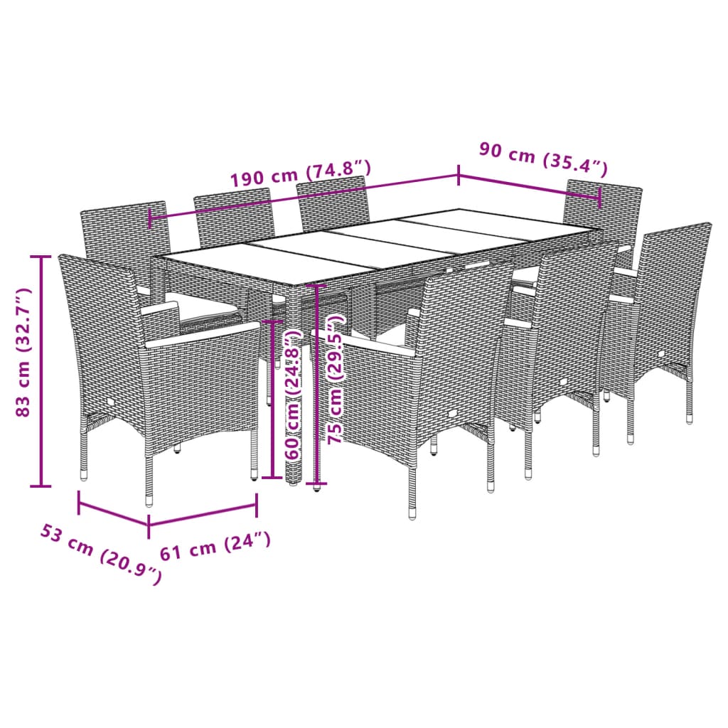 Set Pranzo da Giardino 9pz con Cuscini Polyrattan Acacia Grigio | homemem39