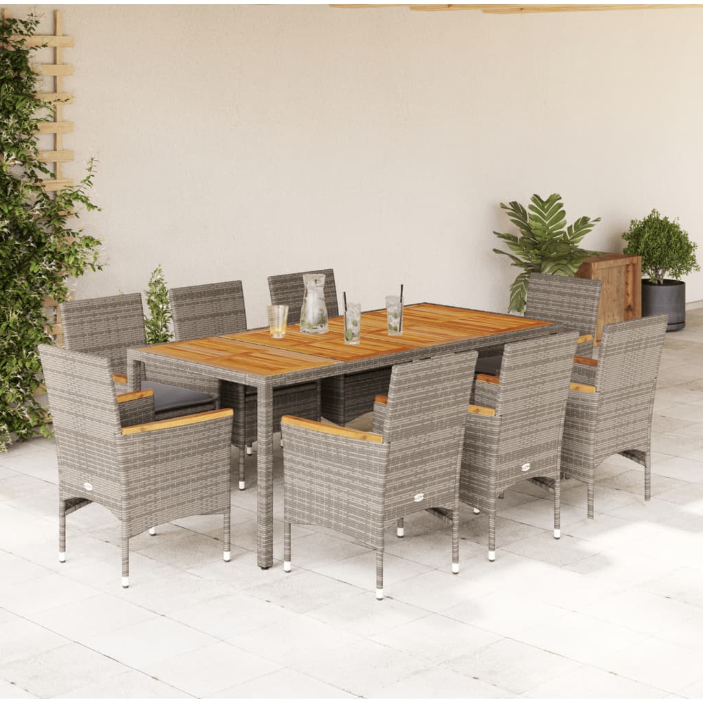 Set Pranzo da Giardino 9pz con Cuscini Polyrattan Acacia Grigio | homemem39