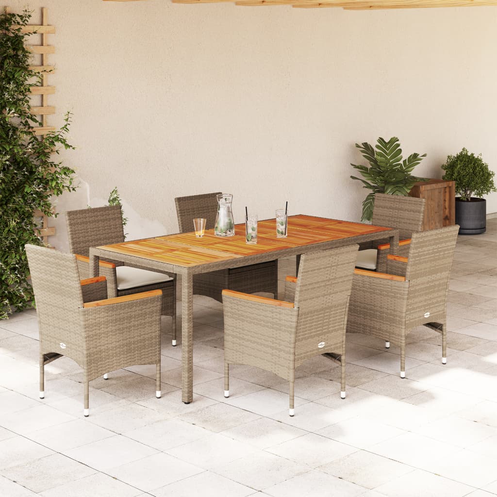 Set Pranzo da Giardino 7 pz con Cuscini Beige Polyrattan Acacia | homemem39