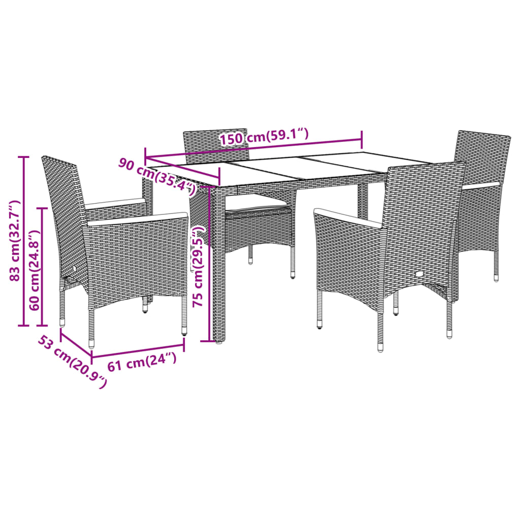 Set da Pranzo da Giardino con Cuscini 5 pz Polyrattan e Vetro - homemem39