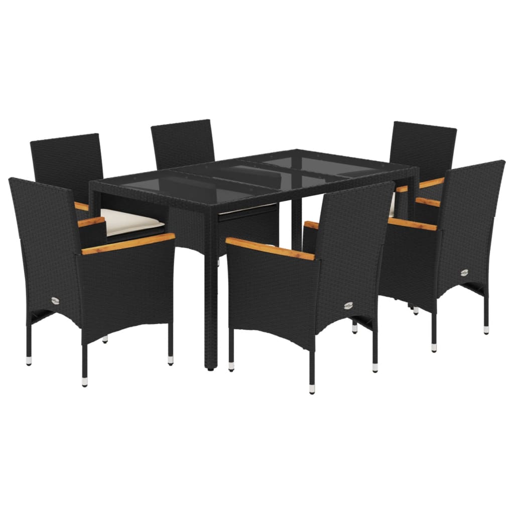Set Pranzo da Giardino 7 pz Nero con Cuscini Polyrattan Acacia | homemem39