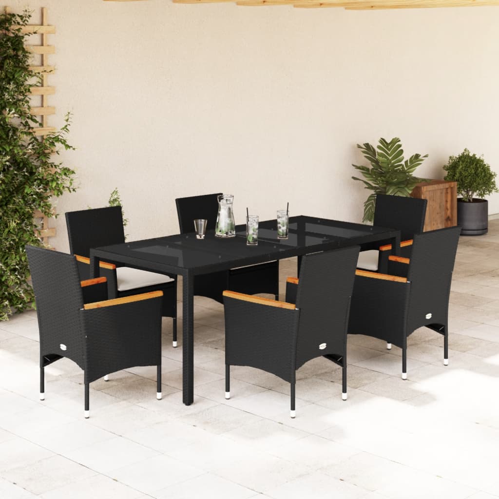 Set Pranzo da Giardino 7 pz Nero con Cuscini Polyrattan Acacia - homemem39