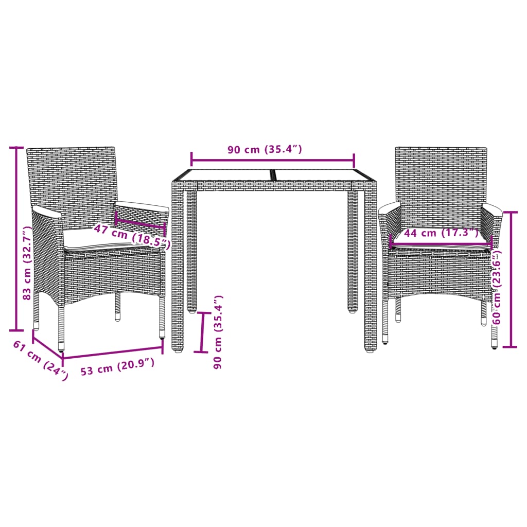 Set da Pranzo da Giardino 3pz con Cuscini in Polyrattan e Vetro | homemem39
