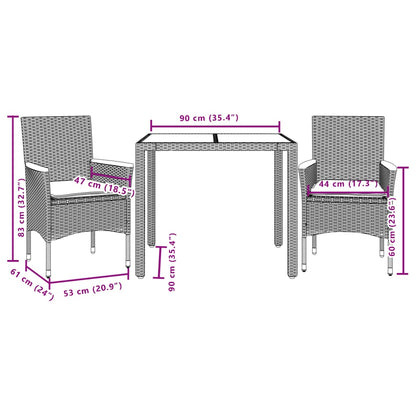 Set da Pranzo da Giardino 3pz con Cuscini in Polyrattan e Vetro | homemem39