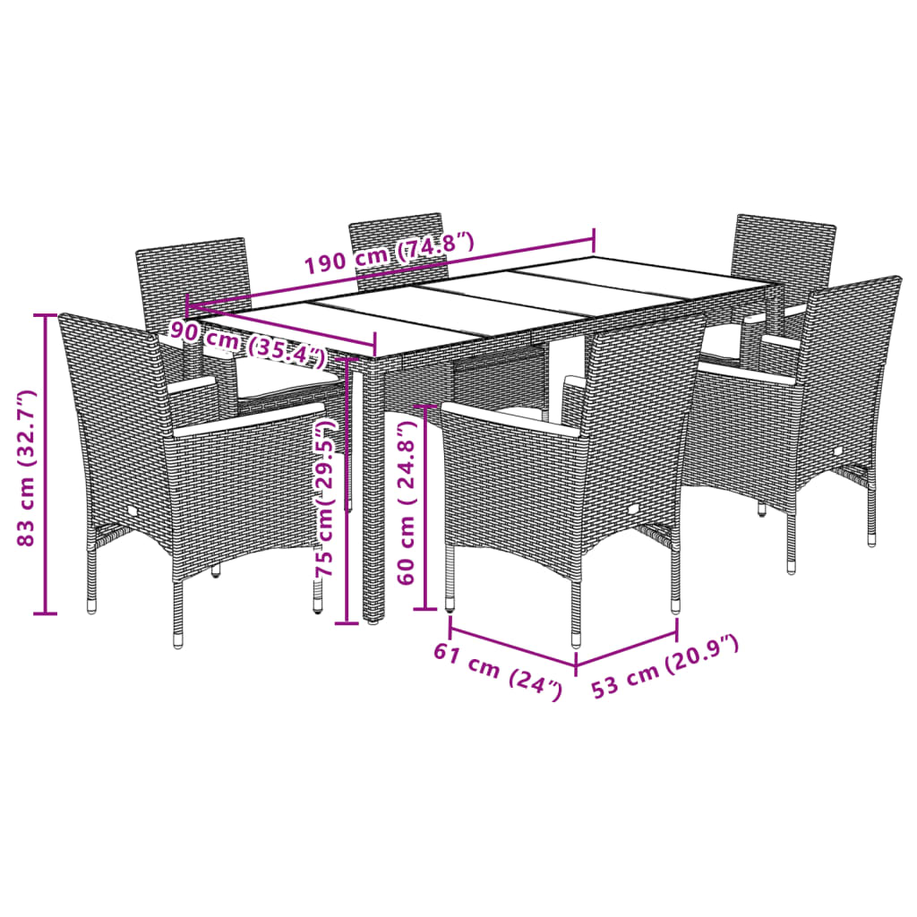 Set da Pranzo da Giardino 7 pz con Cuscini Polyrattan e Vetro | homemem39