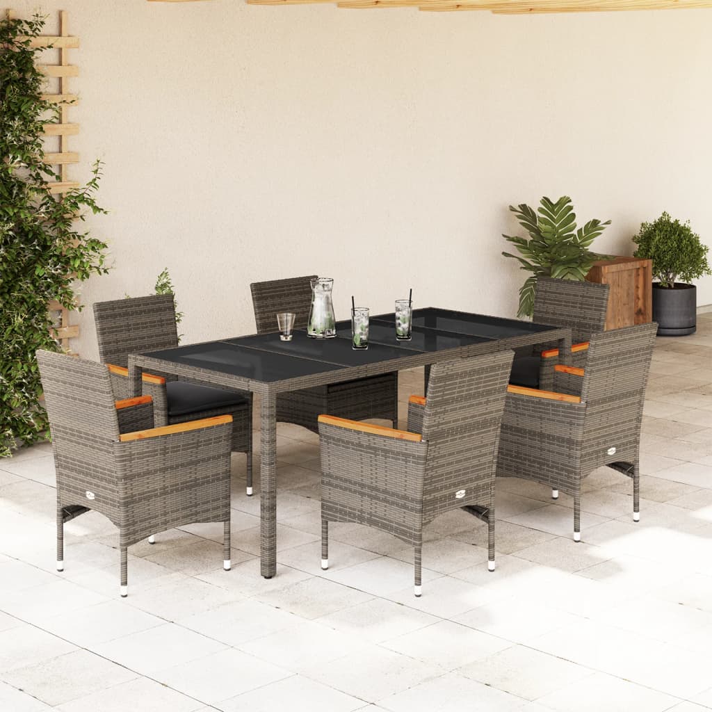 Set da Pranzo da Giardino 7 pz con Cuscini Polyrattan e Vetro | homemem39