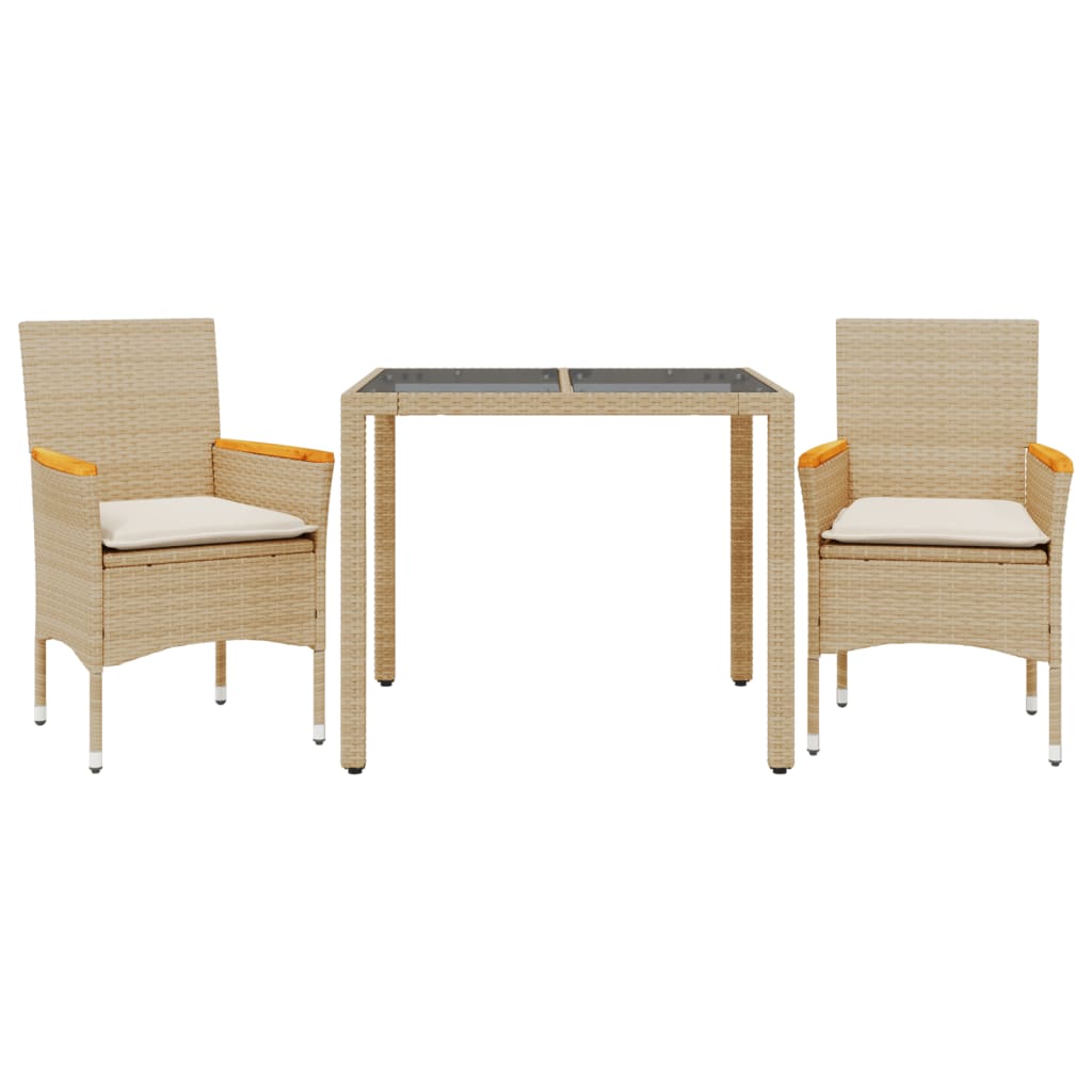 Set da Pranzo da Giardino 3 pz con Cuscini Polyrattan e Vetro | homemem39