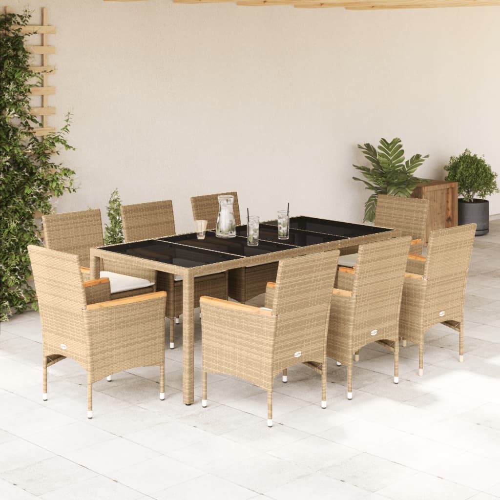Set da Pranzo da Giardino 9 pz con Cuscini Polyrattan e Vetro | homemem39