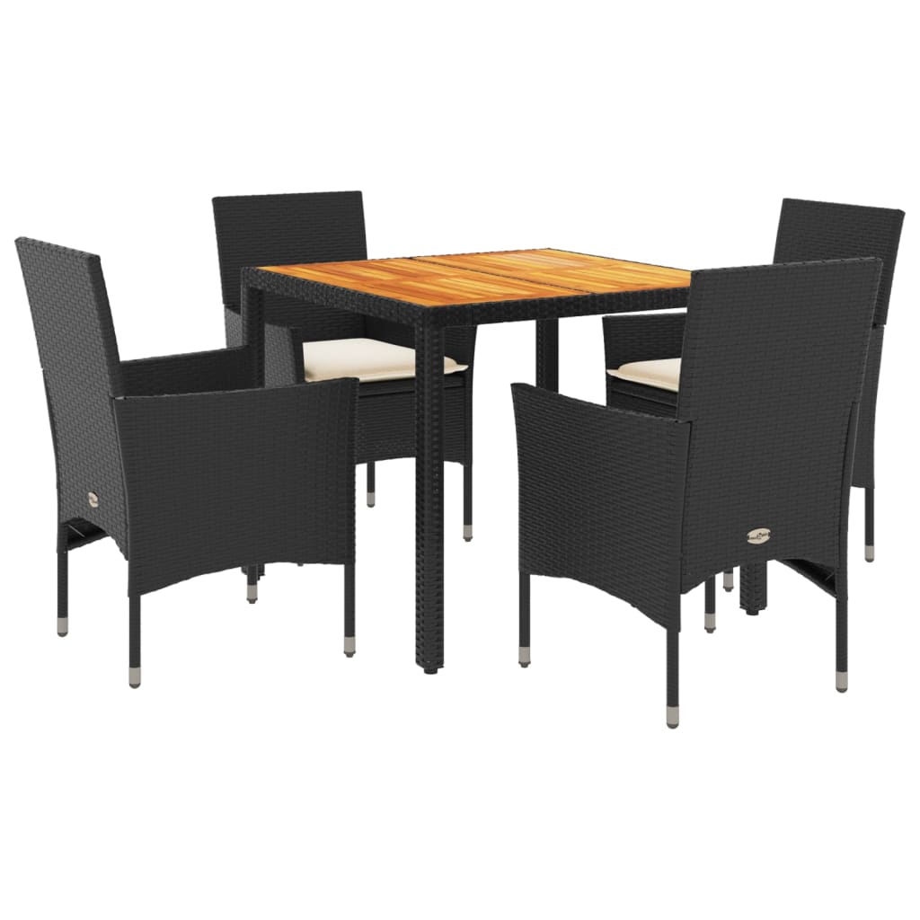 Set Pranzo da Giardino 5 pz con Cuscini Nero Polyrattan Acacia | homemem39