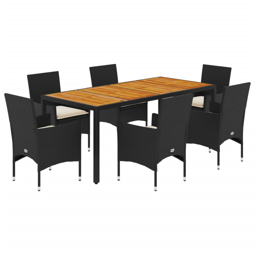 Set Pranzo da Giardino 7 pz Nero con Cuscini Polyrattan Acacia | homemem39
