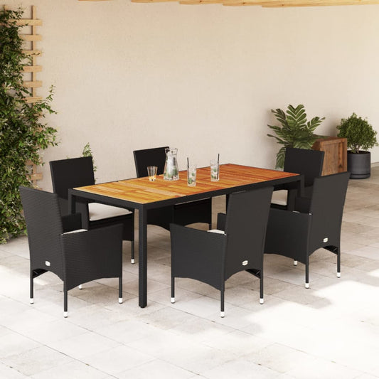 Set Pranzo da Giardino 7 pz Nero con Cuscini Polyrattan Acacia - homemem39