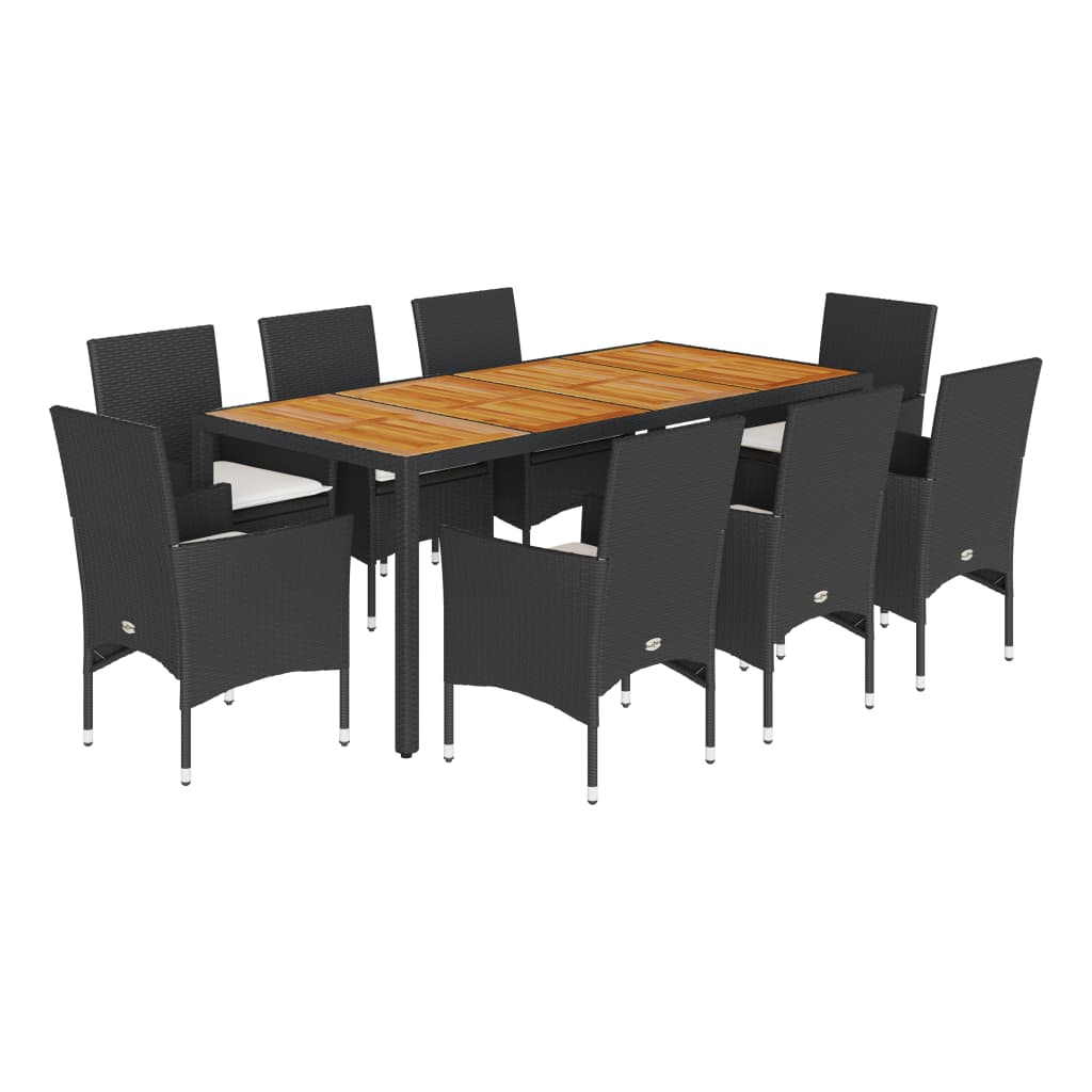 Set Pranzo da Giardino 9 pz con Cuscini Nero Polyrattan Acacia | homemem39