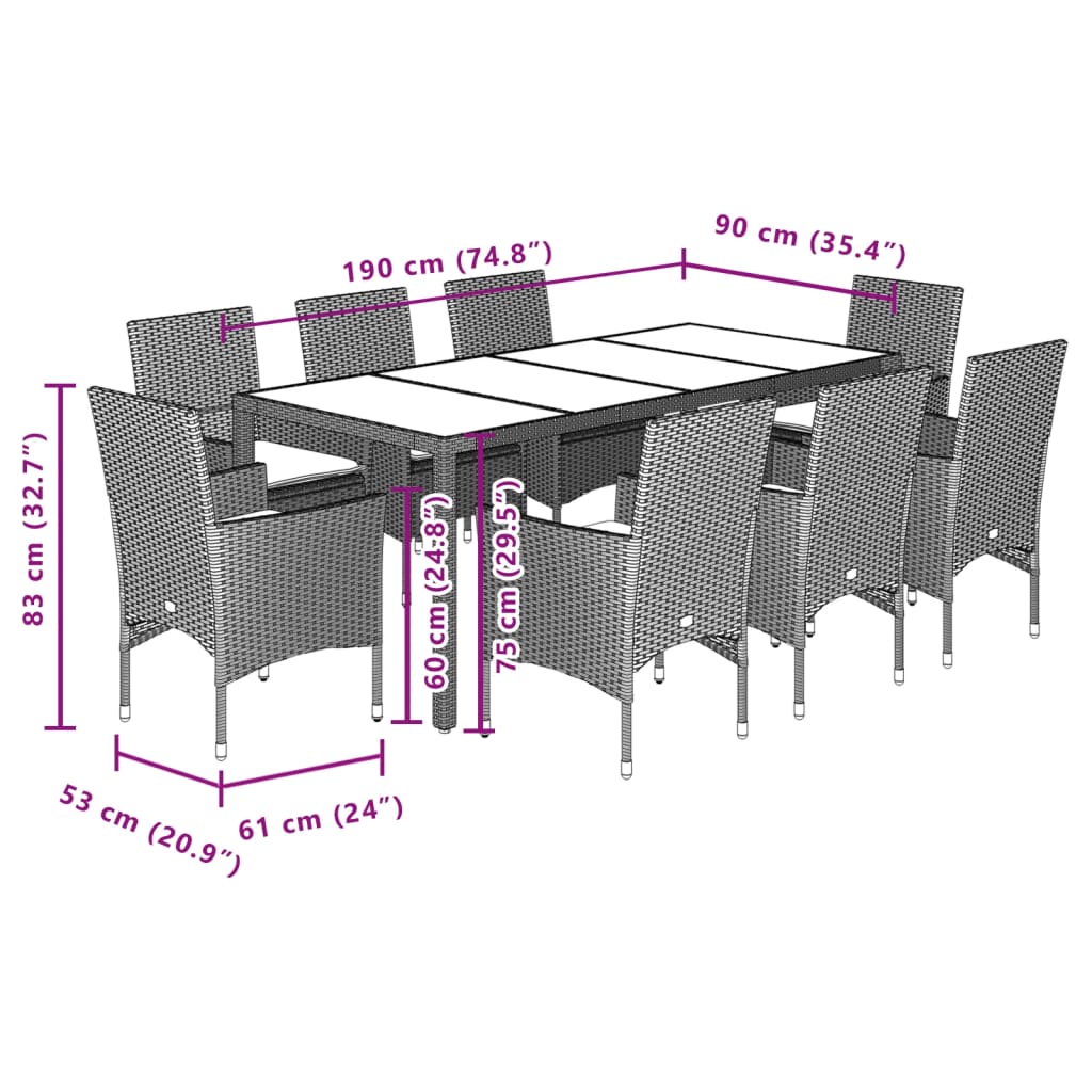 Set Pranzo da Giardino 9 pz con Cuscini Nero Polyrattan Acacia | homemem39