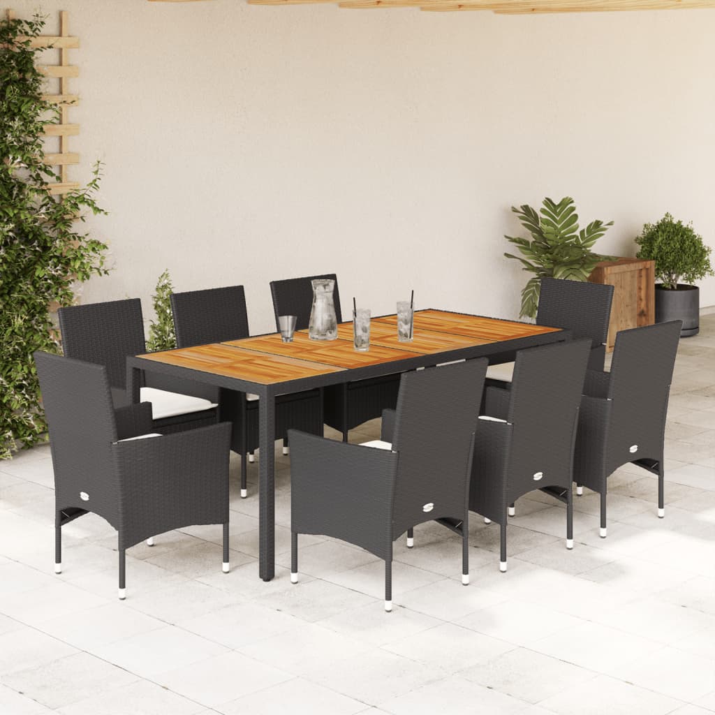 Set Pranzo da Giardino 9 pz con Cuscini Nero Polyrattan Acacia | homemem39