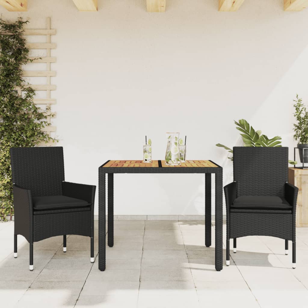 Set Pranzo da Giardino 3 pz con Cuscini Nero Polyrattan Acacia - homemem39
