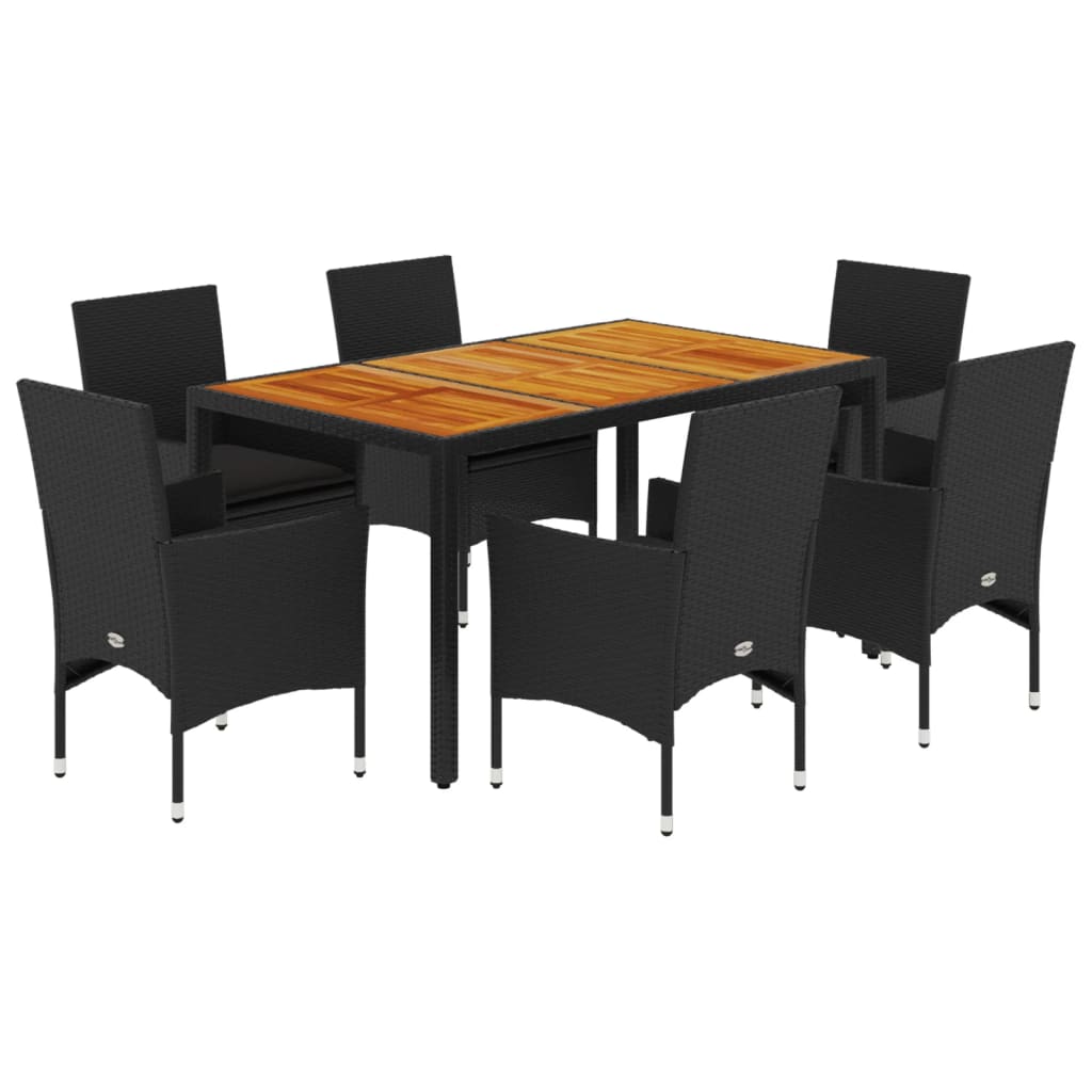 Set Pranzo da Giardino 7 pz Nero con Cuscini Polyrattan Acacia - homemem39