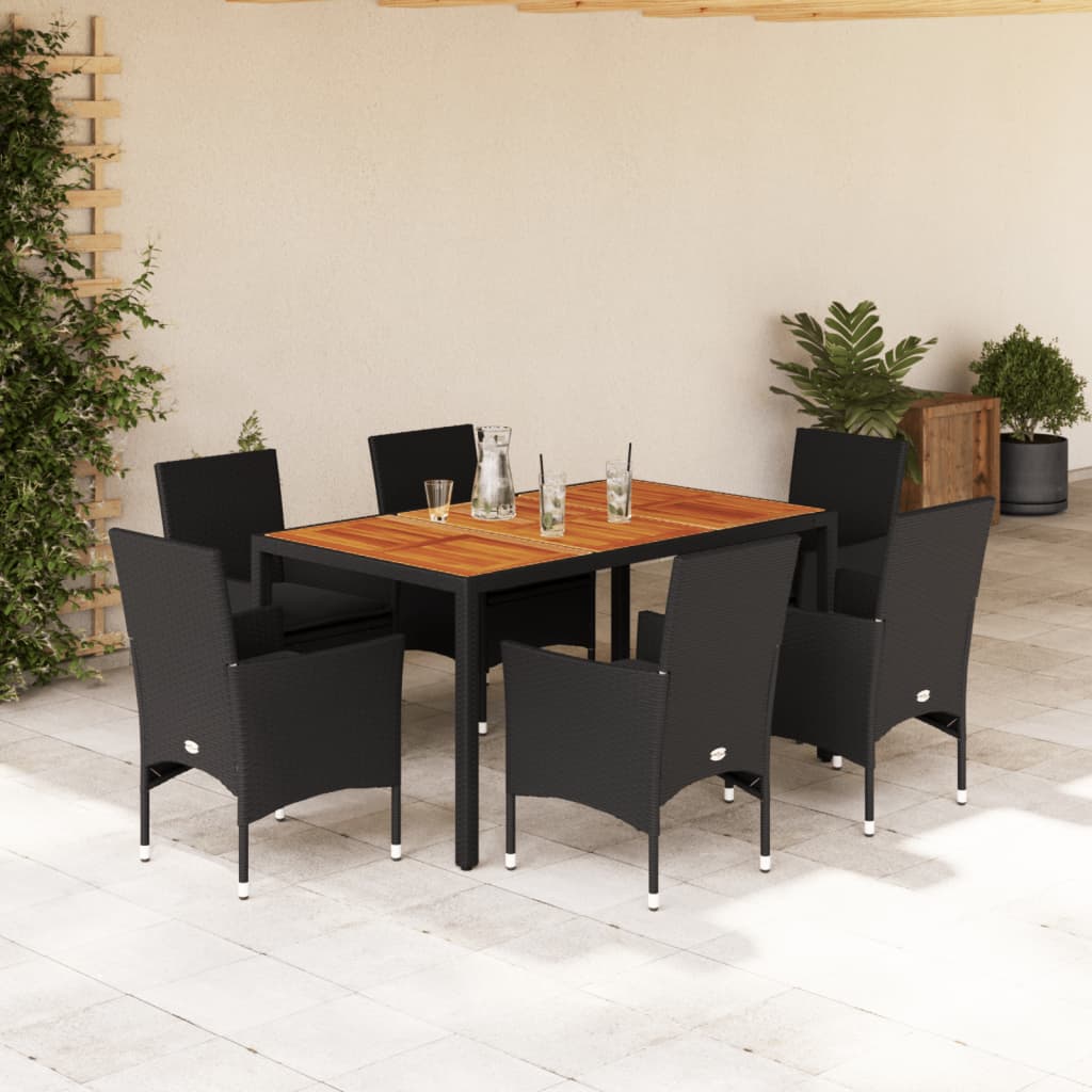 Set Pranzo da Giardino 7 pz Nero con Cuscini Polyrattan Acacia | homemem39