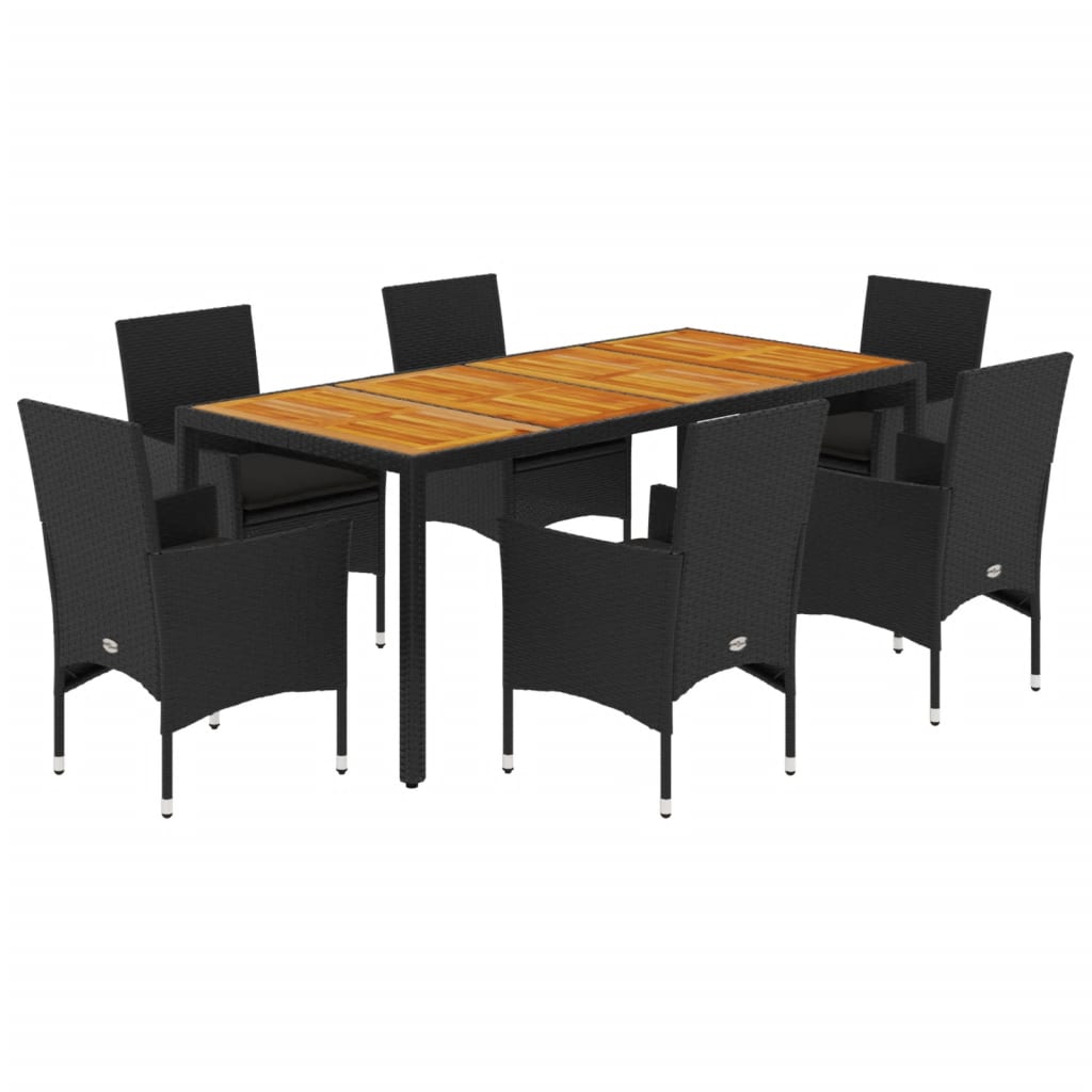 Set Pranzo da Giardino 7 pz Nero con Cuscini Polyrattan Acacia - homemem39