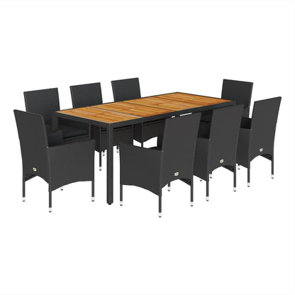 Set Pranzo da Giardino 9 pz con Cuscini Nero Polyrattan Acacia - homemem39