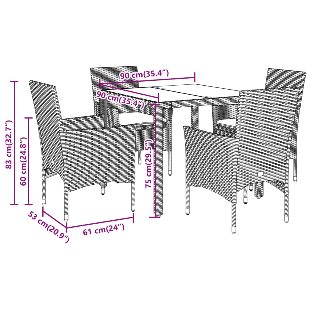 Set Pranzo Giardino 5 pz con Cuscini Grigio Polyrattan Acacia | homemem39