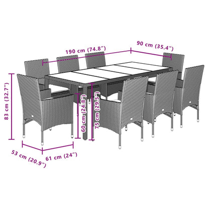 Set Pranzo da Giardino 9pz con Cuscini Polyrattan Acacia Grigio | homemem39