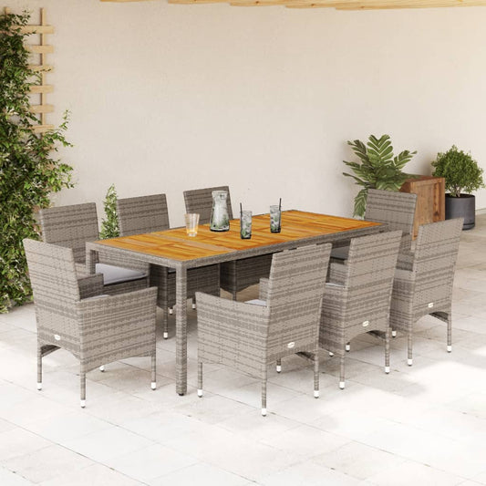 Set Pranzo da Giardino 9pz con Cuscini Polyrattan Acacia Grigio - homemem39
