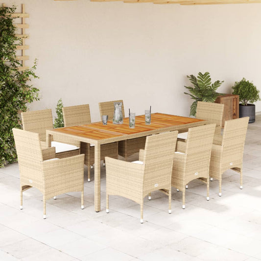 Set Pranzo da Giardino 9 pz con Cuscini Beige Polyrattan Acacia - homemem39