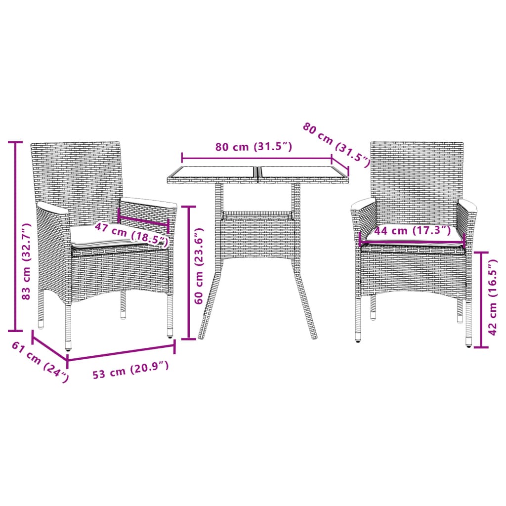 Set Pranzo da Giardino 3 pz con Cuscini Nero Polyrattan Acacia - homemem39