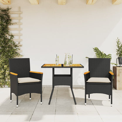 Set Pranzo da Giardino 3 pz con Cuscini Nero Polyrattan Acacia - homemem39
