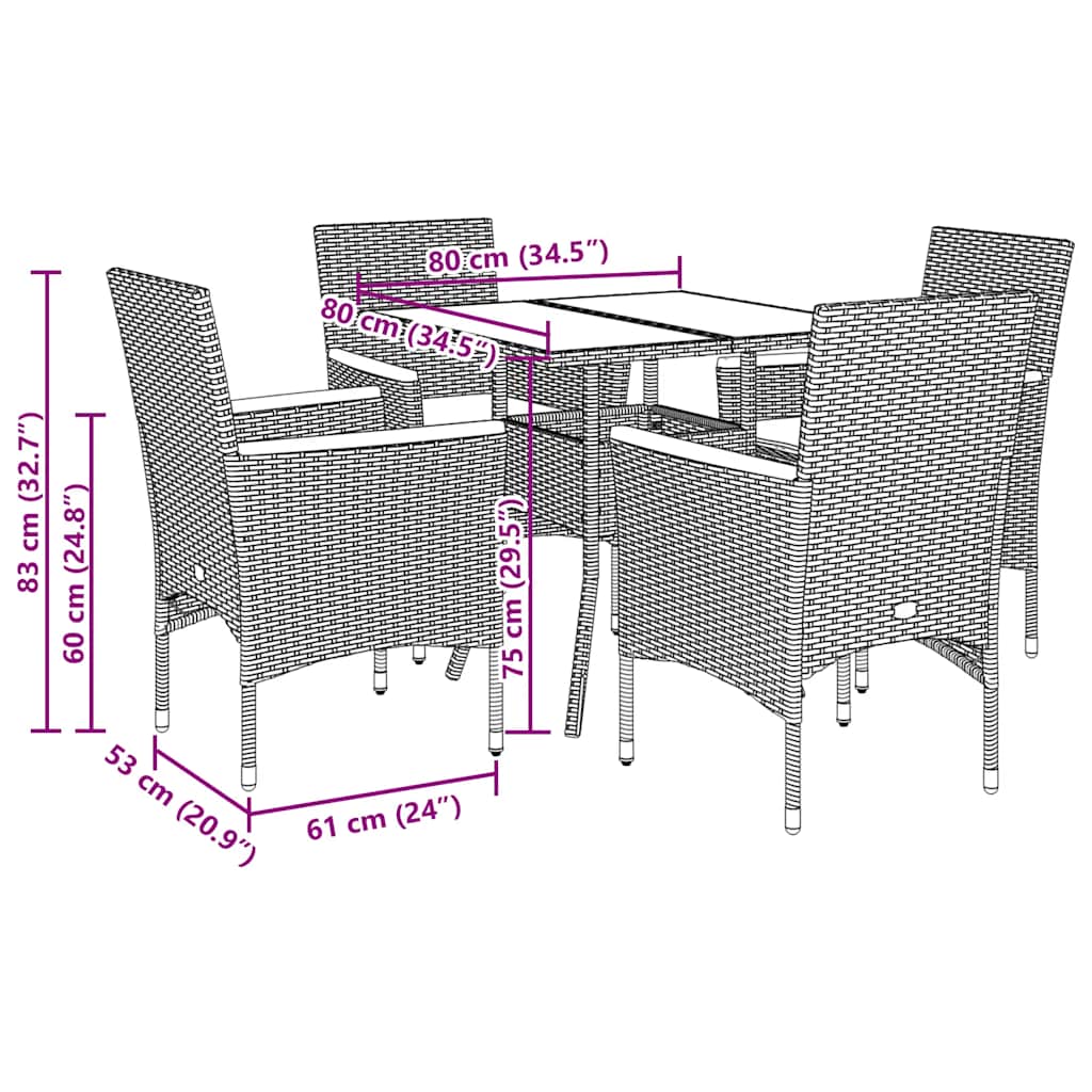 Set Pranzo da Giardino 5 pz con Cuscini Nero Polyrattan Acacia | homemem39