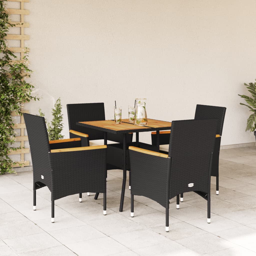 Set Pranzo da Giardino 5 pz con Cuscini Nero Polyrattan Acacia - homemem39
