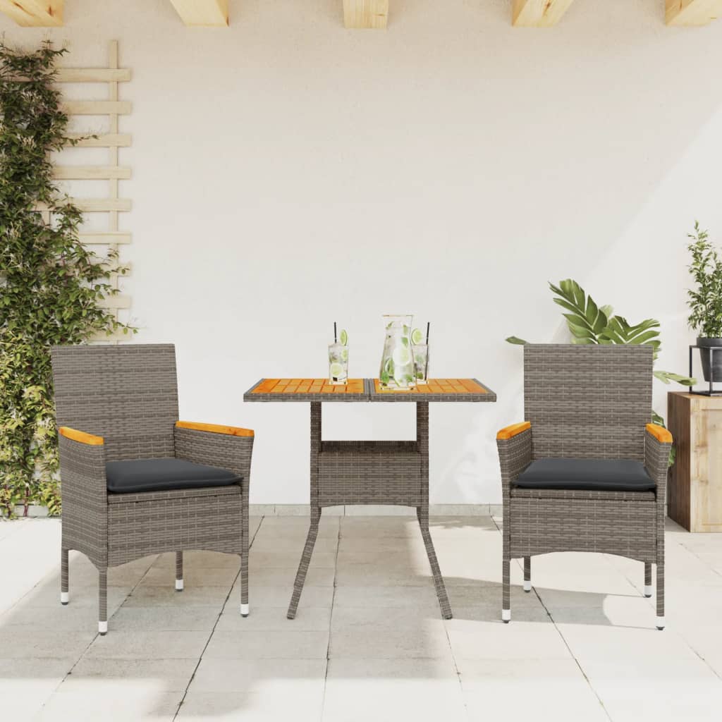 Set Pranzo da Giardino 3pz con Cuscini Polyrattan Acacia Grigio - homemem39