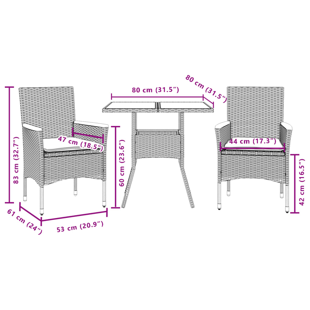 Set Pranzo da Giardino 3 pz con Cuscini Beige Polyrattan Acacia - homemem39