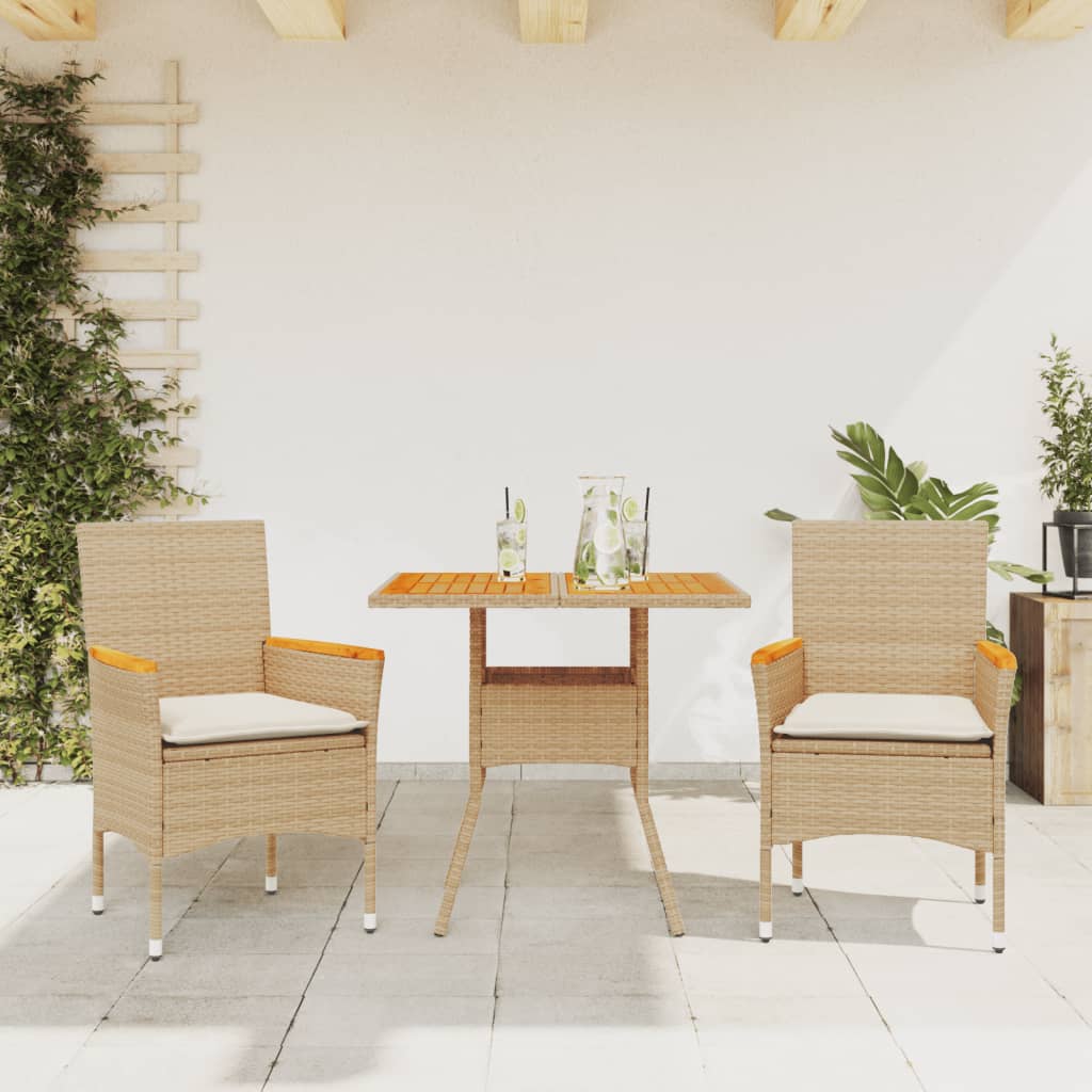 Set Pranzo da Giardino 3 pz con Cuscini Beige Polyrattan Acacia - homemem39