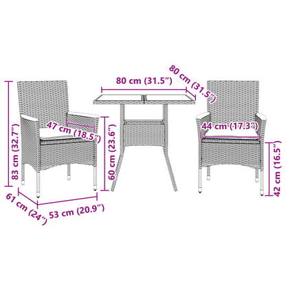 Set da Pranzo da Giardino 3 pz con Cuscini Polyrattan e Vetro - homemem39
