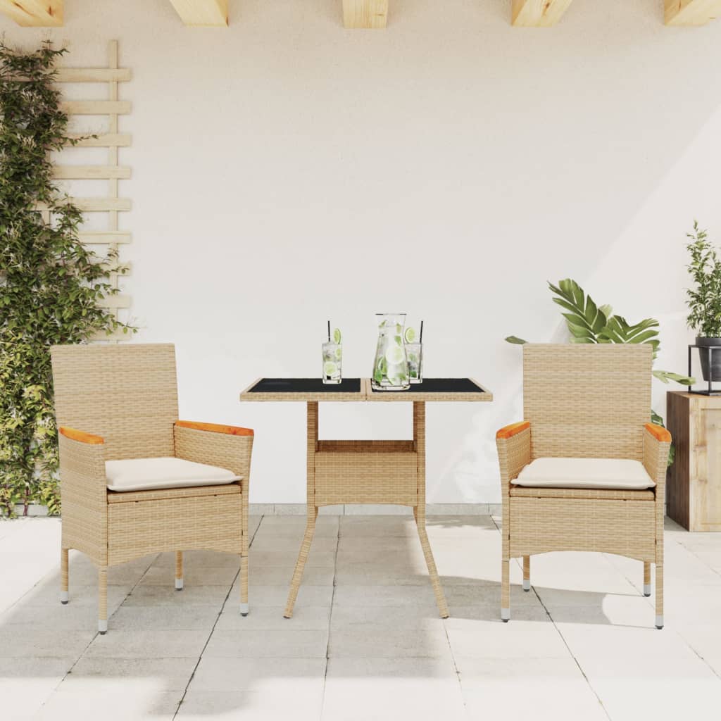 Set da Pranzo da Giardino 3 pz con Cuscini Polyrattan e Vetro - homemem39