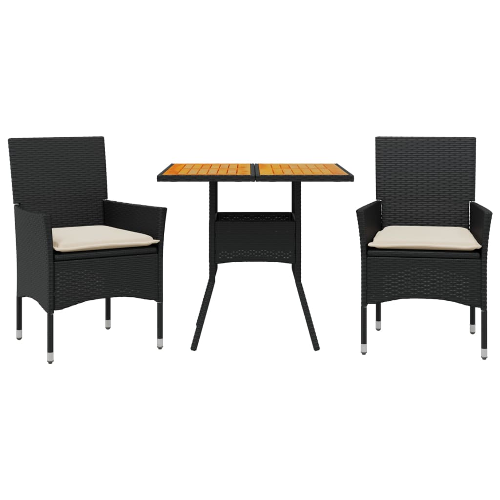 Set Pranzo da Giardino 3 pz con Cuscini Nero Polyrattan Acacia - homemem39