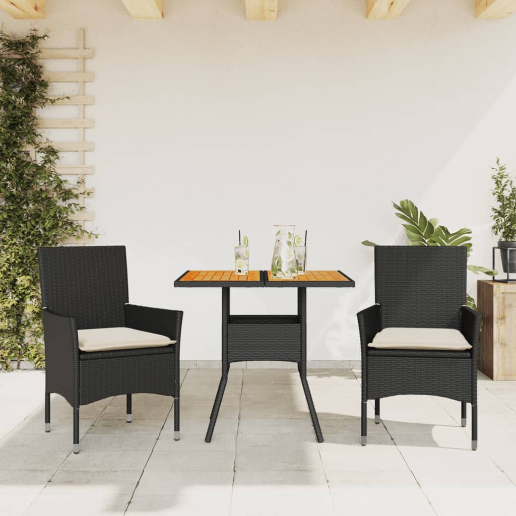 Set Pranzo da Giardino 3 pz con Cuscini Nero Polyrattan Acacia | homemem39