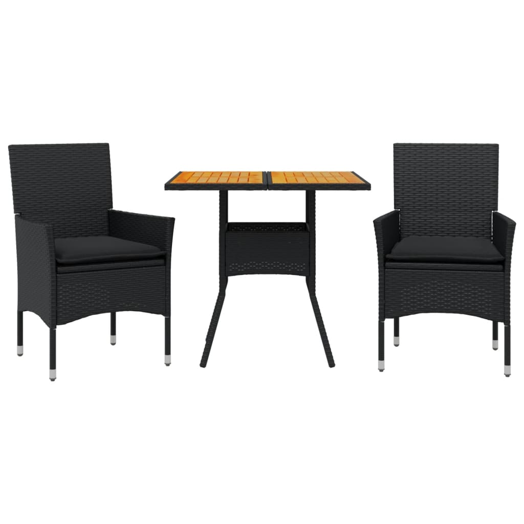 Set Pranzo da Giardino 3 pz con Cuscini Nero Polyrattan Acacia - homemem39
