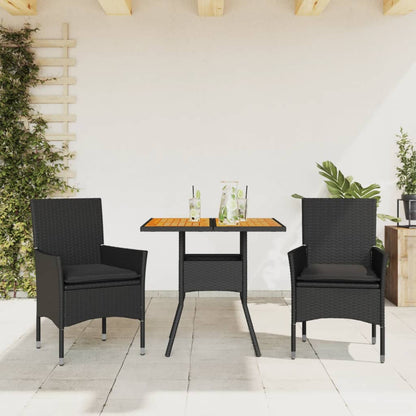Set Pranzo da Giardino 3 pz con Cuscini Nero Polyrattan Acacia - homemem39